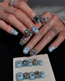 (AM0032#) Handmade Press-On Nails | Reusable, Salon-Quality, Long-Lasting, Glossy Design, Crystal Rhinestone Press On Nails, Icy Blue Star Short Square Fake Nail Set