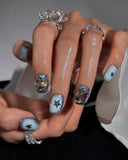 (AM0032#) Handmade Press-On Nails | Reusable, Salon-Quality, Long-Lasting, Glossy Design, Crystal Rhinestone Press On Nails, Icy Blue Star Short Square Fake Nail Set
