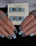 (AM0032#) Handmade Press-On Nails | Reusable, Salon-Quality, Long-Lasting, Glossy Design, Crystal Rhinestone Press On Nails, Icy Blue Star Short Square Fake Nail Set