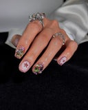 (AM0035#) Handmade Press-On Nails | Reusable, Salon-Quality, Long-Lasting, Glossy Design, Pink Crystal Rhinestone Press On Nails, Star Design Short Square Fake Nail Set