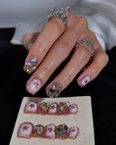 (AM0035#) Handmade Press-On Nails | Reusable, Salon-Quality, Long-Lasting, Glossy Design, Pink Crystal Rhinestone Press On Nails, Star Design Short Square Fake Nail Set