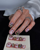 (AM0035#) Handmade Press-On Nails | Reusable, Salon-Quality, Long-Lasting, Glossy Design, Pink Crystal Rhinestone Press On Nails, Star Design Short Square Fake Nail Set