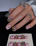 (AM0035#) Handmade Press-On Nails | Reusable, Salon-Quality, Long-Lasting, Glossy Design, Pink Crystal Rhinestone Press On Nails, Star Design Short Square Fake Nail Set
