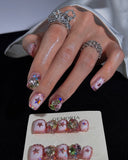 (AM0035#) Handmade Press-On Nails | Reusable, Salon-Quality, Long-Lasting, Glossy Design, Pink Crystal Rhinestone Press On Nails, Star Design Short Square Fake Nail Set