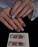 (AM0035#) Handmade Press-On Nails | Reusable, Salon-Quality, Long-Lasting, Glossy Design, Pink Crystal Rhinestone Press On Nails, Star Design Short Square Fake Nail Set