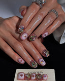 (AM0035#) Handmade Press-On Nails | Reusable, Salon-Quality, Long-Lasting, Glossy Design, Pink Crystal Rhinestone Press On Nails, Star Design Short Square Fake Nail Set