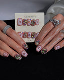 (AM0035#) Handmade Press-On Nails | Reusable, Salon-Quality, Long-Lasting, Glossy Design, Pink Crystal Rhinestone Press On Nails, Star Design Short Square Fake Nail Set