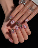 (AM0035#) Handmade Press-On Nails | Reusable, Salon-Quality, Long-Lasting, Glossy Design, Pink Crystal Rhinestone Press On Nails, Star Design Short Square Fake Nail Set