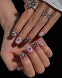 (AM0035#) Handmade Press-On Nails | Reusable, Salon-Quality, Long-Lasting, Glossy Design, Pink Crystal Rhinestone Press On Nails, Star Design Short Square Fake Nail Set