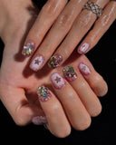 (AM0035#) Handmade Press-On Nails | Reusable, Salon-Quality, Long-Lasting, Glossy Design, Pink Crystal Rhinestone Press On Nails, Star Design Short Square Fake Nail Set