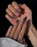 (AM0035#) Handmade Press-On Nails | Reusable, Salon-Quality, Long-Lasting, Glossy Design, Pink Crystal Rhinestone Press On Nails, Star Design Short Square Fake Nail Set