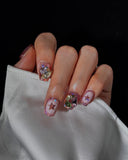 (AM0035#) Handmade Press-On Nails | Reusable, Salon-Quality, Long-Lasting, Glossy Design, Pink Crystal Rhinestone Press On Nails, Star Design Short Square Fake Nail Set