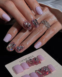 (AM0033#) Handmade Press-On Nails | Reusable, Salon-Quality, Long-Lasting, Glossy Design, Crystal Rhinestone Press On Nails, Lavender Pink Short Square Fake Nail Set