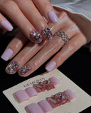 (AM0033#) Handmade Press-On Nails | Reusable, Salon-Quality, Long-Lasting, Glossy Design, Crystal Rhinestone Press On Nails, Lavender Pink Short Square Fake Nail Set