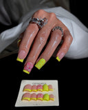 (JDD1034#) Handmade Press-On Nails | Reusable, Salon-Quality, Long-Lasting, Glossy Design, Tip Press On Nails Neon Yellow Green 3D Flower Short Square