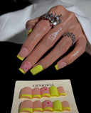 (JDD1034#) Handmade Press-On Nails | Reusable, Salon-Quality, Long-Lasting, Glossy Design, Tip Press On Nails Neon Yellow Green 3D Flower Short Square