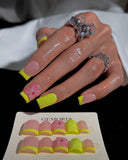 (JDD1034#) Handmade Press-On Nails | Reusable, Salon-Quality, Long-Lasting, Glossy Design, Tip Press On Nails Neon Yellow Green 3D Flower Short Square