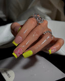 (JDD1034#) Handmade Press-On Nails | Reusable, Salon-Quality, Long-Lasting, Glossy Design, Tip Press On Nails Neon Yellow Green 3D Flower Short Square