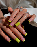(JDD1034#) Handmade Press-On Nails | Reusable, Salon-Quality, Long-Lasting, Glossy Design, Tip Press On Nails Neon Yellow Green 3D Flower Short Square