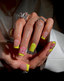 (JDD1034#) Handmade Press-On Nails | Reusable, Salon-Quality, Long-Lasting, Glossy Design, Tip Press On Nails Neon Yellow Green 3D Flower Short Square