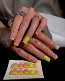(JDD1034#) Handmade Press-On Nails | Reusable, Salon-Quality, Long-Lasting, Glossy Design, Tip Press On Nails Neon Yellow Green 3D Flower Short Square