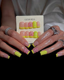 (JDD1034#) Handmade Press-On Nails | Reusable, Salon-Quality, Long-Lasting, Glossy Design, Tip Press On Nails Neon Yellow Green 3D Flower Short Square