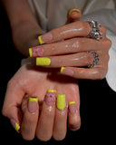 (JDD1034#) Handmade Press-On Nails | Reusable, Salon-Quality, Long-Lasting, Glossy Design, Tip Press On Nails Neon Yellow Green 3D Flower Short Square