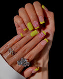 (JDD1034#) Handmade Press-On Nails | Reusable, Salon-Quality, Long-Lasting, Glossy Design, Tip Press On Nails Neon Yellow Green 3D Flower Short Square