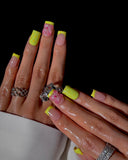 (JDD1034#) Handmade Press-On Nails | Reusable, Salon-Quality, Long-Lasting, Glossy Design, Tip Press On Nails Neon Yellow Green 3D Flower Short Square