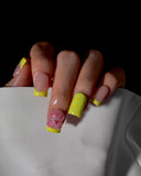 (JDD1034#) Handmade Press-On Nails | Reusable, Salon-Quality, Long-Lasting, Glossy Design, Tip Press On Nails Neon Yellow Green 3D Flower Short Square