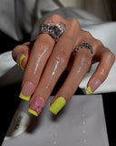 (JDD1034#) Handmade Press-On Nails | Reusable, Salon-Quality, Long-Lasting, Glossy Design, Tip Press On Nails Neon Yellow Green 3D Flower Short Square