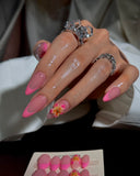 (AM0019#) Handmade Press-On Nails | Reusable, Salon-Quality, Long-Lasting, Glossy Design, Pink French Tip Almond Floral Press-On Nails