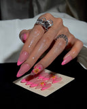 (AM0019#) Handmade Press-On Nails | Reusable, Salon-Quality, Long-Lasting, Glossy Design, Pink French Tip Almond Floral Press-On Nails