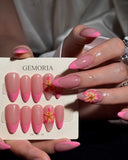 (AM0019#) Handmade Press-On Nails | Reusable, Salon-Quality, Long-Lasting, Glossy Design, Pink French Tip Almond Floral Press-On Nails