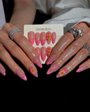 (AM0019#) Handmade Press-On Nails | Reusable, Salon-Quality, Long-Lasting, Glossy Design, Pink French Tip Almond Floral Press-On Nails