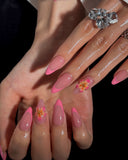 (AM0019#) Handmade Press-On Nails | Reusable, Salon-Quality, Long-Lasting, Glossy Design, Pink French Tip Almond Floral Press-On Nails