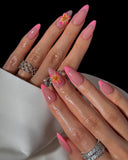 (AM0019#) Handmade Press-On Nails | Reusable, Salon-Quality, Long-Lasting, Glossy Design, Pink French Tip Almond Floral Press-On Nails