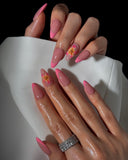 (AM0019#) Handmade Press-On Nails | Reusable, Salon-Quality, Long-Lasting, Glossy Design, Pink French Tip Almond Floral Press-On Nails