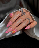 (AM0019#) Handmade Press-On Nails | Reusable, Salon-Quality, Long-Lasting, Glossy Design, Pink French Tip Almond Floral Press-On Nails