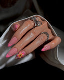 (AM0019#) Handmade Press-On Nails | Reusable, Salon-Quality, Long-Lasting, Glossy Design, Pink French Tip Almond Floral Press-On Nails