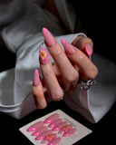 (AM0019#) Handmade Press-On Nails | Reusable, Salon-Quality, Long-Lasting, Glossy Design, Pink French Tip Almond Floral Press-On Nails