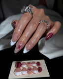 (JDD1004#) Handmade Press-On Nails | Reusable, Salon-Quality, Long-Lasting, Glossy Design, Burgundy Pink Floral Almond Nails