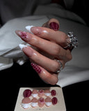 (JDD1004#) Handmade Press-On Nails | Reusable, Salon-Quality, Long-Lasting, Glossy Design, Burgundy Pink Floral Almond Nails
