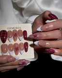 (JDD1004#) Handmade Press-On Nails | Reusable, Salon-Quality, Long-Lasting, Glossy Design, Burgundy Pink Floral Almond Nails