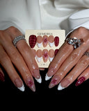 (JDD1004#) Handmade Press-On Nails | Reusable, Salon-Quality, Long-Lasting, Glossy Design, Burgundy Pink Floral Almond Nails
