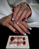 (JDD1004#) Handmade Press-On Nails | Reusable, Salon-Quality, Long-Lasting, Glossy Design, Burgundy Pink Floral Almond Nails