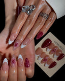 (JDD1004#) Handmade Press-On Nails | Reusable, Salon-Quality, Long-Lasting, Glossy Design, Burgundy Pink Floral Almond Nails