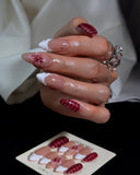 (JDD1004#) Handmade Press-On Nails | Reusable, Salon-Quality, Long-Lasting, Glossy Design, Burgundy Pink Floral Almond Nails