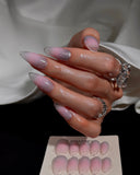 (JDD1022#) Handmade Press-On Nails | Reusable, Salon-Quality, Long-Lasting, Glossy Design, Pink Silver Gradient Almond Nails Set