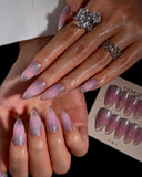 (JDD1022#) Handmade Press-On Nails | Reusable, Salon-Quality, Long-Lasting, Glossy Design, Pink Silver Gradient Almond Nails Set